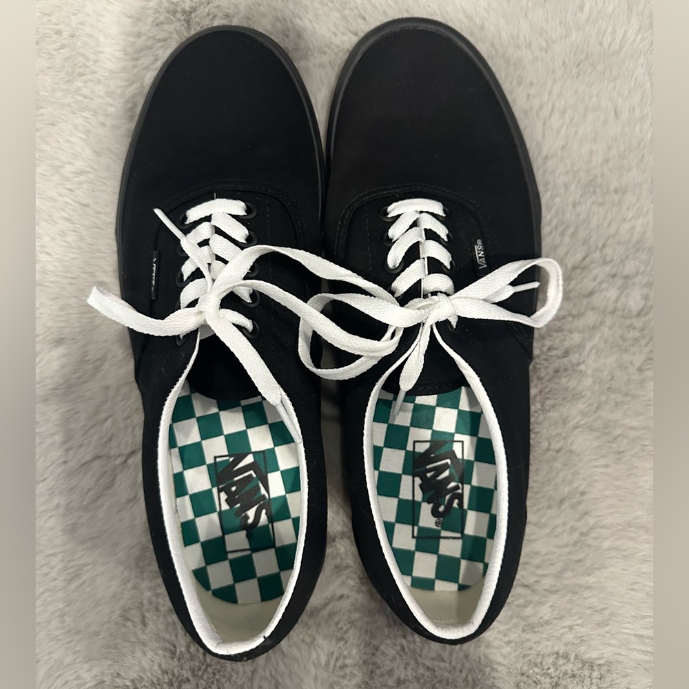 Vans Men's Black and White Canvas Sneakers with Green Checkered Interior